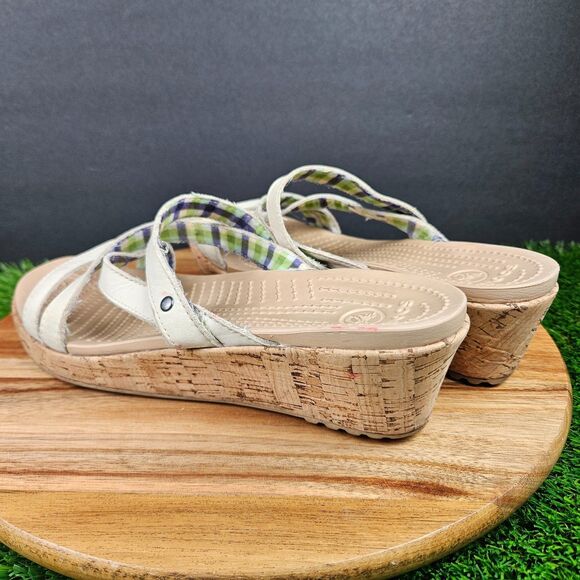 Crocs A Leigh Sandals Womens 10 Strappy Beige Slip On Casual Wedge Heels 11847 - Picture 6 of 13